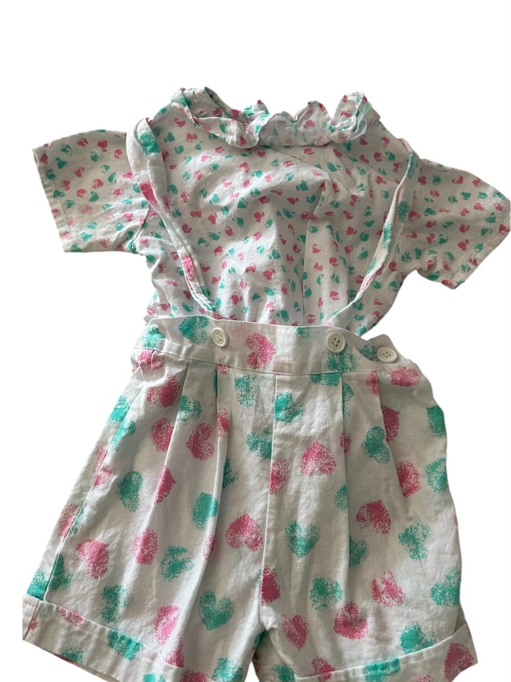 Girls White Heart-Print Romper with Pink & Teal Accents